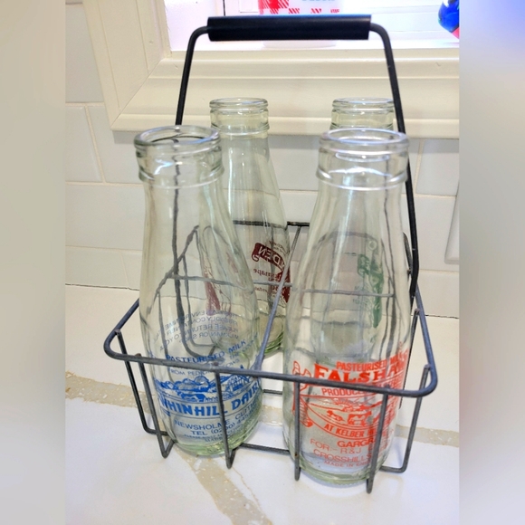 Source Unknown Other - 4 English Milk bottles with wire carrier